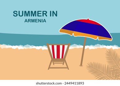 Summer in Armenia, beach chair and umbrella, vacation or holiday in Armenia, vacation concept vector design, summer holiday, sea sand sun, travel and tourism idea