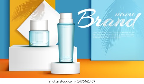 Summer aromas collection perfume, toilet water advertising banner, poster realistic vector template. Branded, transparent glass bottles on white pedestals, palm tree shadow on blue, orange background