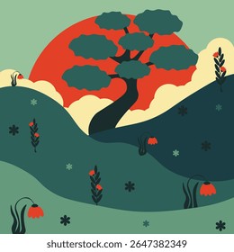 Arte de verão. Cartaz asiático. Ilustração vetorial de paisagem colorida floral colinas árvore e sol. Ideal espaço interior cartão de parede cartão placa tampa impressão. EPS 10 