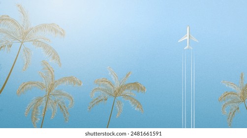 Fondo de arte de verano con palmeras tropicales y avión contra el cielo azul y el sol. Anuncio de Vector para flyer, póster, estampado, Fondo de pantalla, vacaciones, textil.