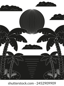 Summer art with exotic island in trend Brazilian Cordel Woodcut style. Black and White Travel artwork. Brutalism vector aesthetic can used Web poster, postcard cover design. Editable stroke. EPS 10 