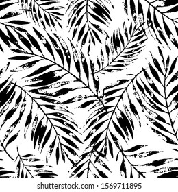 Summer art illustration: rough grunge tropical leaves background in black and white colors. Abstract palm leaf in monochrome colors, vector seamless pattern. Hand drawn design