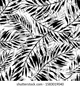 Summer art illustration: rough grunge tropical leaves background in black and white colors. Abstract palm leaf in monochrome colors, vector seamless pattern. Hand drawn design