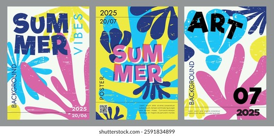 Summer art poster set with vibrant colours and textured background, abstract modern print, decor, cover, banner, template