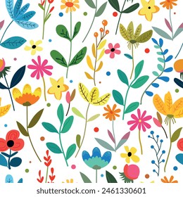 Summer art print with botanical elements. Vector pattern with drawn fantasy flowers. Vector flowers on a white background. For children, wallpapers, textiles.