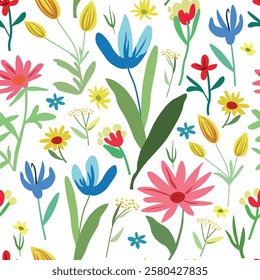 Summer art print with botanical elements. Vector pattern with drawn fantasy flowers. Vector flowers isolated on white background. For children, wallpaper, textile.