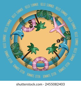 Summer Art in trendy Cut Out paper style with Dolphin Palm Tree and text. Y2K vector aesthetic can used Summer Postcard Poster Banner design. Editable storke. EPS 10