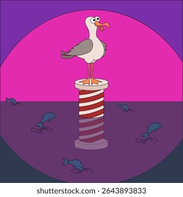 Arte de verão. Ilustração vetorial de gaivota em uma boia com peixes no mar e paisagem do pôr do sol. Cartaz de verão. Perfeito crianças quarto parede poster decoração t-shir impressão capa do caderno 
