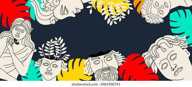 Summer artistic banner with Greek ancient sculpture and 
 leaves. Botanical background mythical and ancient  style. Vector illustration