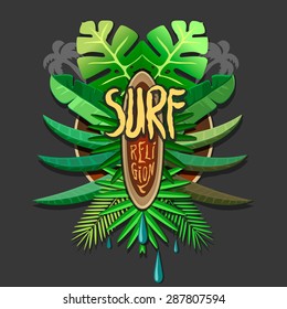 Summer artwork surf religion - Vector surfing print for  t-shirt with tropical palm 