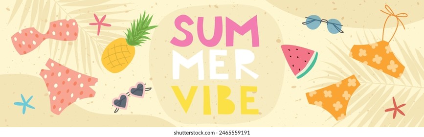 Cabecera de atmósfera de verano, Anuncio. Ilustración vectorial de moda con trajes de baño, estrellas de mar, frutas tropicales y gafas de sol sobre un fondo de playa para póster, tarjeta, Anuncio, invitación. Frontera soleada