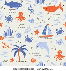 summer atmosphere. seamless pattern with cute design. Handmade, simple abstract drawing, sea, waves, fish, palm, star, plants. Naive children's art, vector illustration in minimalism style