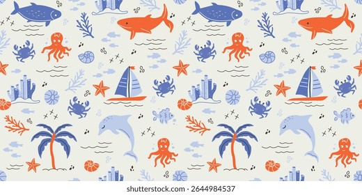 summer atmosphere. seamless pattern with cute design. Handmade, simple abstract drawing, sea, waves, fish, palm, star, plants. Naive children's art, vector illustration in minimalism style