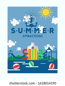 Summer Attractions Water Park Poster, Vector Illustration. Invitation To Aqua Park, Outdoor Summer Activity For Family With Kids. Advertisement Flyer For Playground With Water Attractions, Fun Holiday