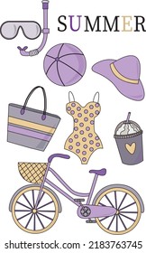 summer attributes, associations with summer, bicycle, swimsuit, sea things, beach, panama, swimming mask, ice cream, summer stickers set, collection of pictures in one style in vector, vector illustra
