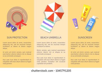 Summer attributes collection with texts vector colorful poster in flat design. Things for relaxation on beach and skincare with clothes