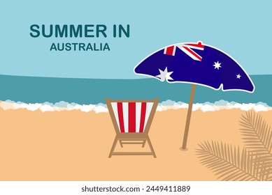 Summer in Australia, beach chair and umbrella, vacation or holiday in Australia, vacation concept vector design, summer holiday, sea sand sun, travel and tourism idea