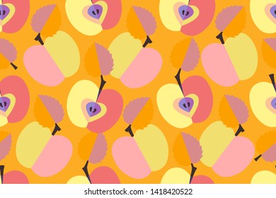 Summer and autumn apples. Floral vector seamless pattern. Light yellow, pink natural whole and halves fruits with leaves and seed. Flat elements isolated on orange background. Ripe fruit.
