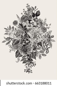 Buquê de verão e outono. Dálias, Ruscus, Viburnum, Ranúnculo, cereja. Ilustração vintage vetorial. Preto e branco