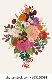 Summer and autumn bouquet. Dahlias, Ruscus, Viburnum, Ranunculus, cherry. Modern floristics. Vector illustration. Colorful