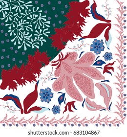 Summer, autumn colors. Silk scarf with blooming poppies. Abstract vector pattern floral elements. 1950-1960 motifs. 