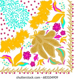 Summer, autumn colors. Silk scarf with blooming poppies. Abstract vector pattern floral elements. 1950-1960 motifs. 