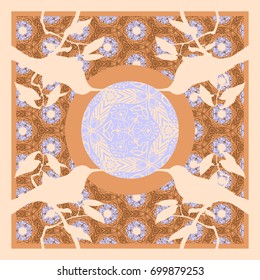 Summer, autumn colors. Silk scarf with birds. Abstract vector pattern floral elements.