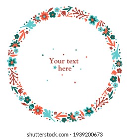 Summer or autumn doodle wreath with flowers and leaves (blue (cyan), sea, red (coral). White isolated vector stock illustration (EPS10).