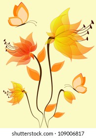 Summer autumn  floral background with vector flowers and butterfly