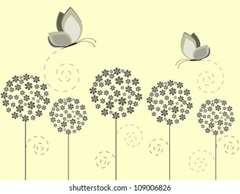 Summer autumn  floral background with vector flowers and butterfly