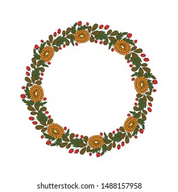 Summer. Autumn. Floral wreath on a white background. Wreath of orange flowers, green leaves and red berries. Vector illustration.
