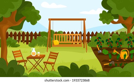 Summer or autumn garden in sunny day with furniture, swings, garden tools. Relaxing zone under the trees. Bushes, grass and vegetable garden.