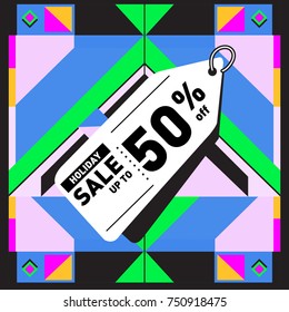 Summer and Autumn Holiday sale memphis style web banner. Fashion and travel discount poster. Vector holiday Abstract colorful illustration with special offer and promotion.