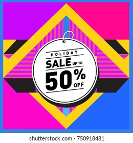 Summer and Autumn Holiday sale memphis style web banner. Fashion and travel discount poster. Vector holiday Abstract colorful illustration with special offer and promotion.