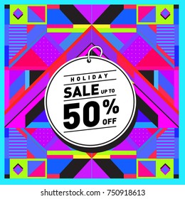 Summer and Autumn Holiday sale memphis style web banner. Fashion and travel discount poster. Vector holiday Abstract colorful illustration with special offer and promotion.