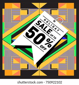 Summer and Autumn Holiday sale memphis style web banner. Fashion and travel discount poster. Vector holiday Abstract colorful illustration with special offer and promotion.