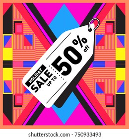 Summer and Autumn Holiday sale memphis style web banner. Fashion and travel discount poster. Vector holiday Abstract colorful illustration with special offer and promotion.