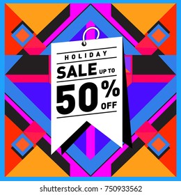 Summer and Autumn Holiday sale memphis style web banner. Fashion and travel discount poster. Vector holiday Abstract colorful illustration with special offer and promotion.