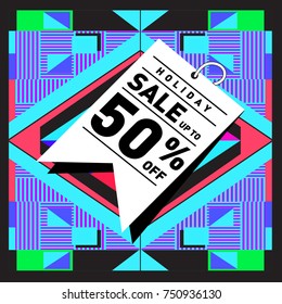 Summer and Autumn Holiday sale memphis style web banner. Fashion and travel discount poster. Vector holiday Abstract colorful illustration with special offer and promotion.