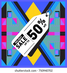 Summer and Autumn Holiday sale memphis style web banner. Fashion and travel discount poster. Vector holiday Abstract colorful illustration with special offer and promotion.