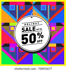 Summer and Autumn Holiday sale memphis style web banner. Fashion and travel discount poster. Vector holiday Abstract colorful illustration with special offer and promotion.