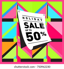 Summer and Autumn Holiday sale memphis style web banner. Fashion and travel discount poster. Vector holiday Abstract colorful illustration with special offer and promotion.