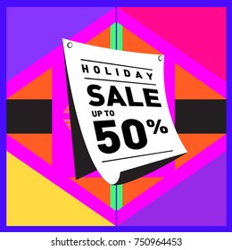 Summer and Autumn Holiday sale memphis style web banner. Fashion and travel discount poster. Vector holiday Abstract colorful illustration with special offer and promotion.