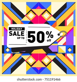 Summer and Autumn Holiday sale memphis style web banner. Fashion and travel discount poster. Vector holiday Abstract colorful illustration with special offer and promotion.