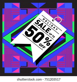Summer and Autumn Holiday sale memphis style web banner. Fashion and travel discount poster. Vector holiday Abstract colorful illustration with special offer and promotion.