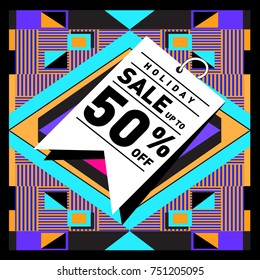Summer and Autumn Holiday sale memphis style web banner. Fashion and travel discount poster. Vector holiday Abstract colorful illustration with special offer and promotion.