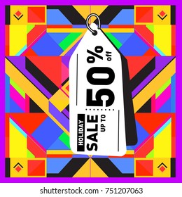 Summer and Autumn Holiday sale memphis style web banner. Fashion and travel discount poster. Vector holiday Abstract colorful illustration with special offer and promotion.