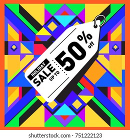 Summer and Autumn Holiday sale memphis style web banner. Fashion and travel discount poster. Vector holiday Abstract colorful illustration with special offer and promotion.