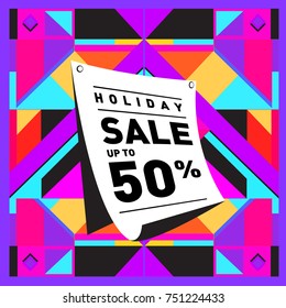 Summer and Autumn Holiday sale memphis style web banner. Fashion and travel discount poster. Vector holiday Abstract colorful illustration with special offer and promotion.