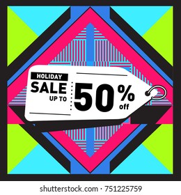 Summer and Autumn Holiday sale memphis style web banner. Fashion and travel discount poster. Vector holiday Abstract colorful illustration with special offer and promotion.